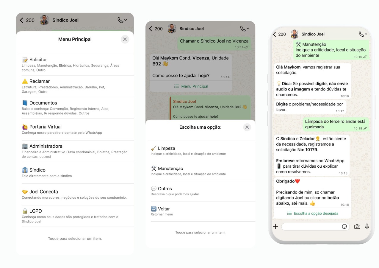 Exemplos de conversas no WhatsApp com o Síndico Joel
